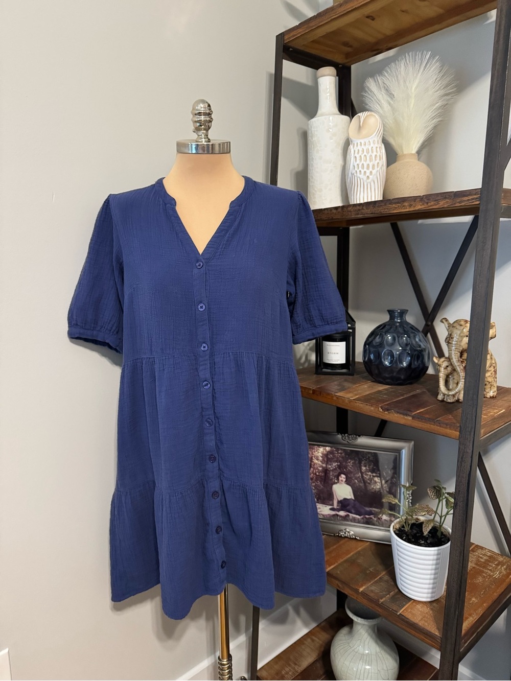Garnet Hill Organic-Cotton Tiered Shirtdress Navy Blue Women’s SIZE MED